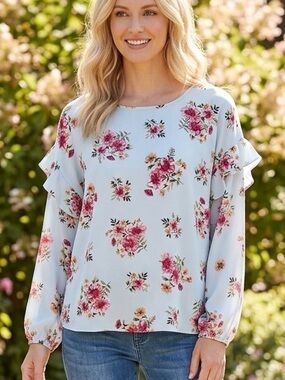 NWOT Light Blue Floral Drop Ruffle Shoulder Blouse with Pink Rose Print